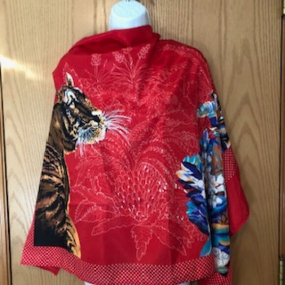 3/$15 Large Red Scarf Wrap Shawl Tiger Tropical Floral Polka Dot Edge - Picture 2 of 8